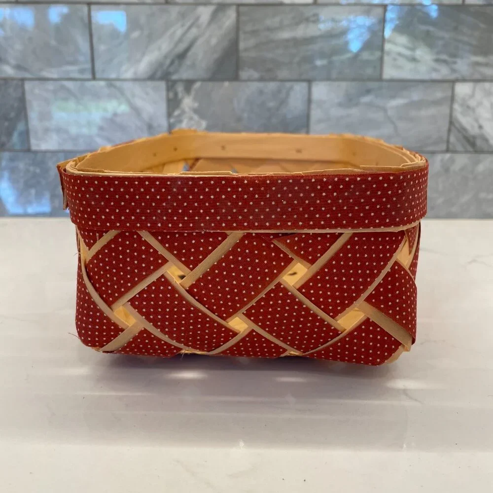 Vtg Farmhouse Split Slat Wood Woven Red Ribbon Basket w 20 oz Atlas Mason Jars
